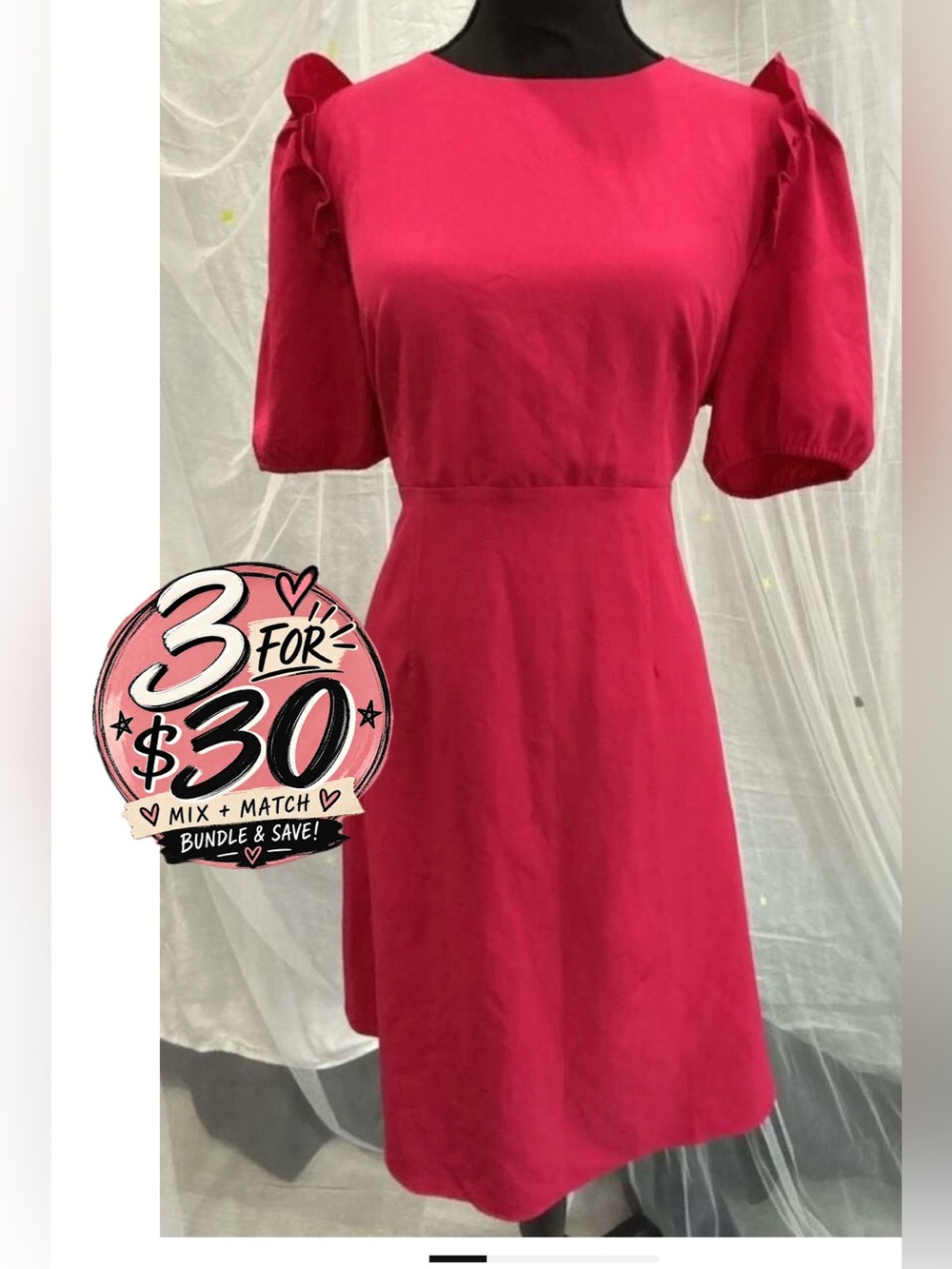 Lark & Ro Women's Pink Puff Sleeve Round Neck Midi Dress 3 FOR $30! ✨